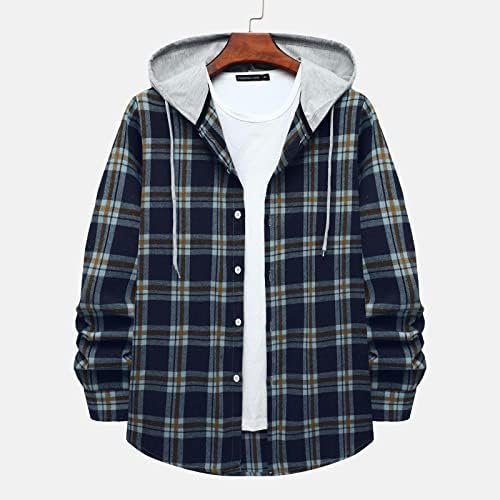 Hoodies for Men Fashion Long Sleeve Plaid Button Shirts Jacket With Hood Casual Stylish Drawstring Sweatshirts