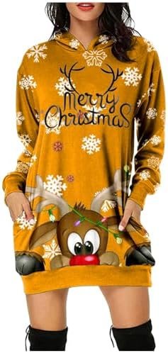Christmas Women's Printed Long Sleeved Hooded Sweatshirt with Pocket Hoodie Pullover Dress Hoodie Peach Slip