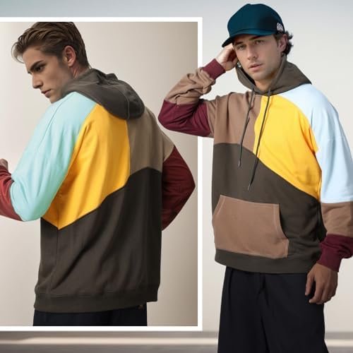 Men's Fashion Hoodies Techwear Contrast Color Oversize Sweatshirts, Unisex Lightweight Patchwork Hip Hop Pullover