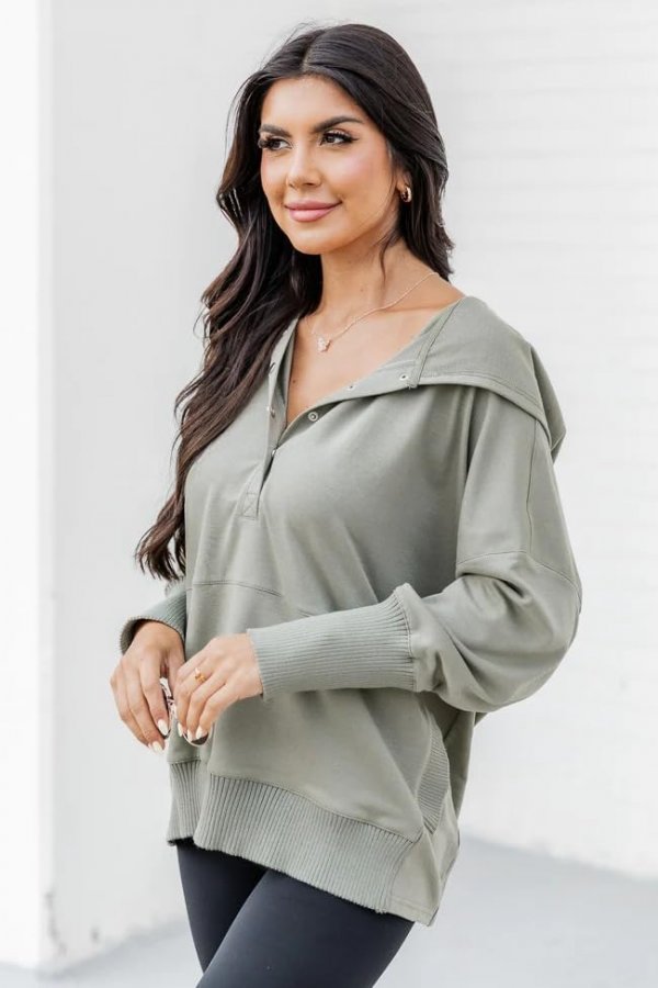 Women Casual Button V Neck Hoodies Oversized Pullover Sweatshirt Hooded Tops with Pockets