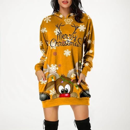 Christmas Women's Printed Long Sleeved Hooded Sweatshirt with Pocket Hoodie Pullover Dress Hoodie Peach Slip