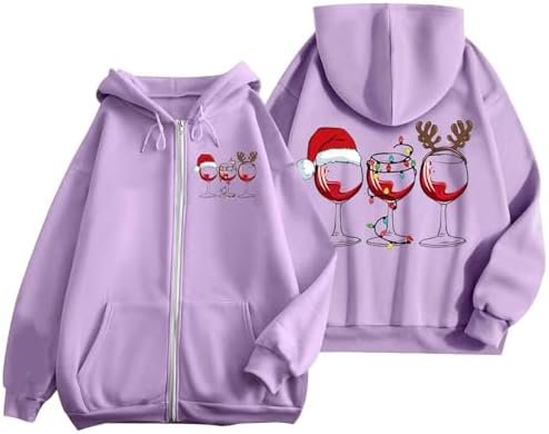 Christmas Women's Printed Zipper Long Sleeve Pocket Drawstring Casual Sports Hoodie Zip Hoodie Sweatshirt