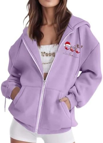 Christmas Women's Printed Zipper Long Sleeve Pocket Drawstring Casual Sports Hoodie Zip Hoodie Sweatshirt