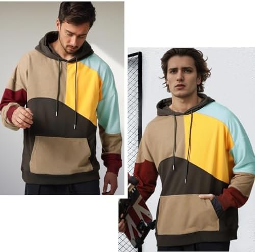 Men's Fashion Hoodies Techwear Contrast Color Oversize Sweatshirts, Unisex Lightweight Patchwork Hip Hop Pullover