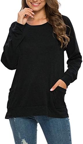 Womens Long Sleeve Tunic Tops Casual Loose Fit Sweatshirts Round Neck Pullover Blouse Sweatshirts with Pocket