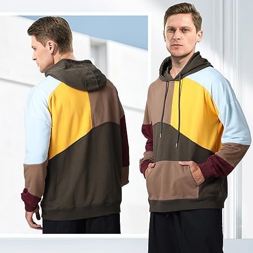 Men's Fashion Hoodies Techwear Contrast Color Oversize Sweatshirts, Unisex Lightweight Patchwork Hip Hop Pullover