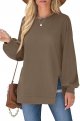 Womens Sweatshirt Crew Neck Balloon Sleeve Split Hem Dressy Casual Tops