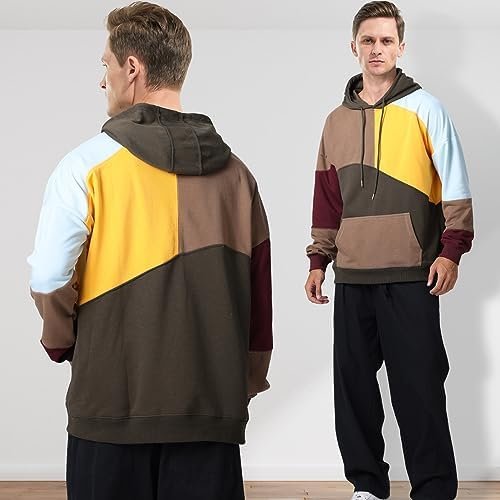 Men's Fashion Hoodies Techwear Contrast Color Oversize Sweatshirts, Unisex Lightweight Patchwork Hip Hop Pullover