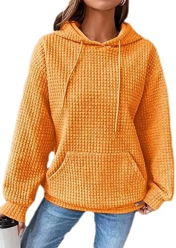Women's Pullover Sweatshirt Drawstring Pumpkin Printed Waffle Hoodie Long Sleeve Tops with Pocket