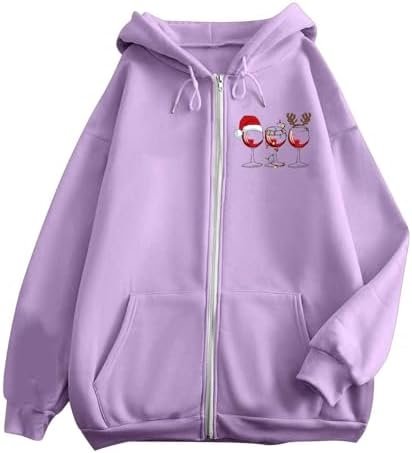 Christmas Women's Printed Zipper Long Sleeve Pocket Drawstring Casual Sports Hoodie Zip Hoodie Sweatshirt