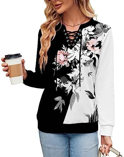 Women's Casual Sweatshirt Long Sleeve Trendy Lace Up Tops Lightweight V Neck Drawstring Pullover Tops