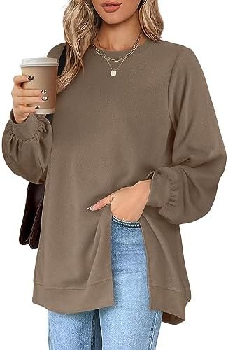 Womens Sweatshirt Crew Neck Balloon Sleeve Split Hem Dressy Casual Tops