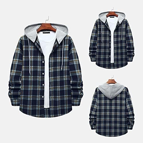 Hoodies for Men Fashion Long Sleeve Plaid Button Shirts Jacket With Hood Casual Stylish Drawstring Sweatshirts