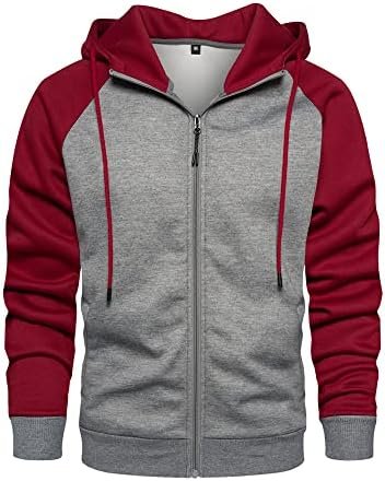 Mens Zip Up Hoodie Color Block Long Sleeve Casual Sweatshirt Sport Outwear with Pocket