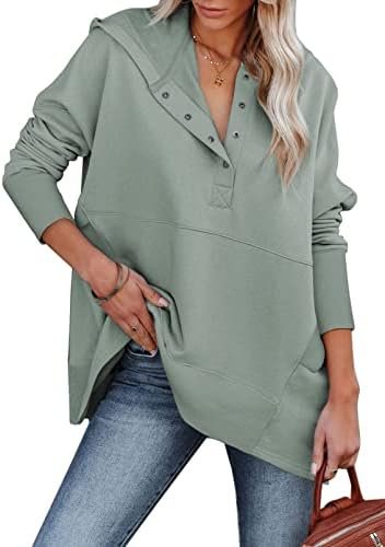 Women Casual Button V Neck Hoodies Oversized Pullover Sweatshirt Hooded Tops with Pockets