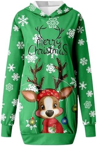 Christmas Women's Printed Long Sleeved Hooded Sweatshirt with Pocket Hoodie Pullover Dress Pencil Dress for Women