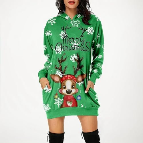 Christmas Women's Printed Long Sleeved Hooded Sweatshirt with Pocket Hoodie Pullover Dress Pencil Dress for Women