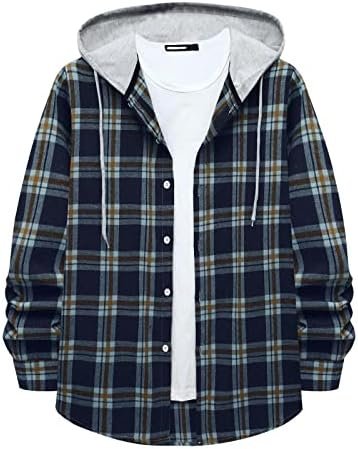 Hoodies for Men Fashion Long Sleeve Plaid Button Shirts Jacket With Hood Casual Stylish Drawstring Sweatshirts