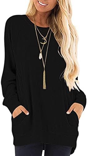 Womens Long Sleeve Tunic Tops Casual Loose Fit Sweatshirts Round Neck Pullover Blouse Sweatshirts with Pocket