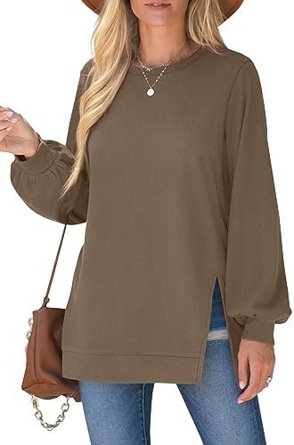 Womens Sweatshirt Crew Neck Balloon Sleeve Split Hem Dressy Casual Tops