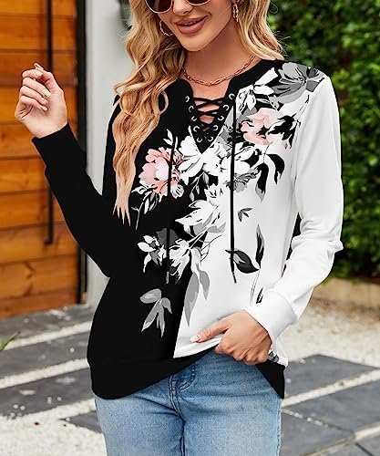 Women's Casual Sweatshirt Long Sleeve Trendy Lace Up Tops Lightweight V Neck Drawstring Pullover Tops